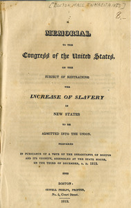 A memorial to the Congress of the United States on the subject of restraining the increase of slaves in the new states to be admitted into the union