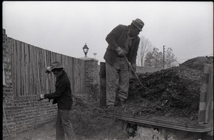 Two African American men with pitchforks, spreading mulch from the back of a truck