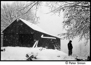 Communal barn in falling snow, Packer Corners commune