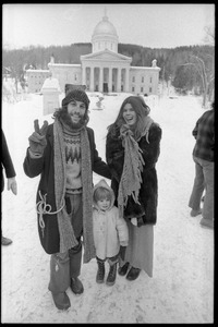 Elliot Blinder (flashing the peace sign), Catherine Blinder, and Michelle at protest against the invasion of Laos at the Vermont State House