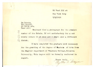 Letter from Phyllis C. Brazier to W. E. B. Du Bois