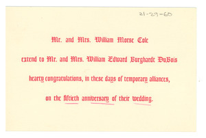 Anniversary card from Mr. & Mrs. William Morse Cole to W. E. B. and Nina Du Bois