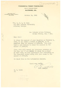 Letter from Commercial Credit Corporation to W. E. B. Du Bois