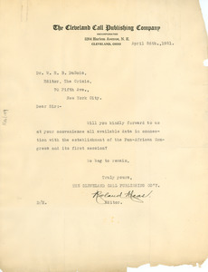 Letter from Cleveland Call Publishing Company to W. E. B. Du Bois