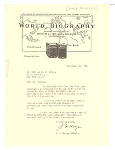 Letter from World Biography to W. E. B. Du Bois