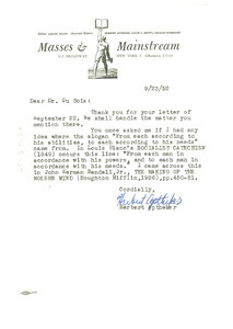 Letter from Masses and Mainstream to W. E. B. Du Bois
