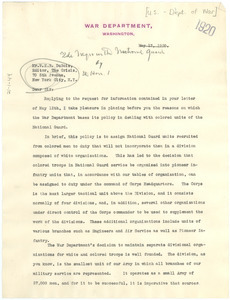 Letter from United States Secretary of War to W. E. B. Du Bois