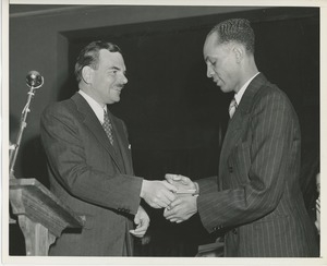 Governor Dewey presenting prize to client at Institute Day