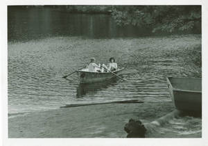 Rowing to the shore at Freshman Camp (ca. 1970)