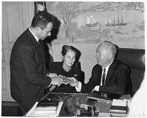 John J. McCullough, State Deputy of Massachusetts Knights of Columbus; Dominic Restaino, Executive Secretary of Massachusetts Knights of Columbus; Thomas J. Griffin, Boston Fire Commissioner; and Mayor John F. Collins.