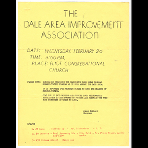 Flier of Dale Area Association meeting to be held February 20, 1963 and list of addresses and relocation assistants