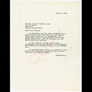 Copy of letter to John F. Collins about representative group from Grove Hall Board of Trade and Warren Street Business and Professional Men's Association visit to mayor's office about Warren Street service