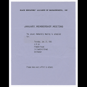 Flier for Black Educators' Alliance of Massachusetts membership meeting on January 21, 1993