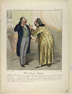 Robert-Macaire Dentiste. Saprebleu! Mr. le dentiste, vous m´avez arraché deux bonnes dents et vous avez laissé les deux mauvaises... (Rob-Mac. à part.) Diable!!!... (haut) Sans doute! et j´avais mes raisons... Nous sommes toujours à temps d´arracher les mauvaises... Quant aux autres, elles auraient fini par se gâter et par vous faire mal .... un ratelier postiche ne vous fera jamais souffrir, et c´est bien meilleur genre, on ne porte plus que ça.