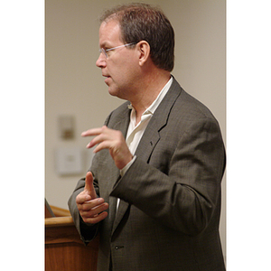 Peter Barrett, PhD '79, speaks at the NU Today Cancer Research Panel