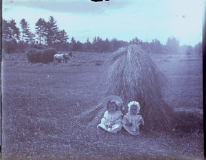 Two girls by a haystack, East Douglas, Mass.