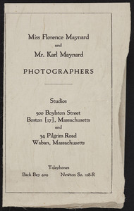 Brochure for Miss Florence Maynard and Mr. Karl Maynard, photographers, studios, 500 Boylston Street, Boston, Mass. and 34 Pilgrim Road, Waban, Mass., ca. 1920