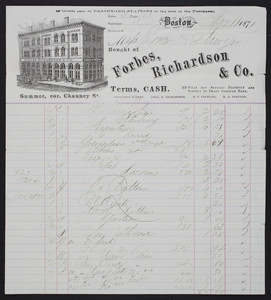 Billhead for Forbes, Richardson & Co., notions, Summer, corner Chauncy Street, Boston, Mass., dated March 11, 1871