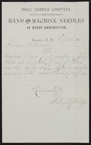Letterhead for the Bell Needle Company, manufacturers and dealers in hand and machine needles of every description, Nashua, New Hampshire, dated September 23, 1881