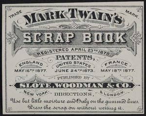 Label for Mark Twain's Scrap Book, published by Slote, Woodman & Co., New York and London, undated