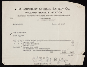 Billhead for the St. Johnsbury Storage Battery Co., Willard Service Station, 9 Portland Street, St. Johnsbury, Vermont, dated September 15, 1917
