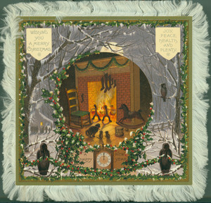 Christmas and New Year's card, depicting a roaring fire with toys in front of it, 1883