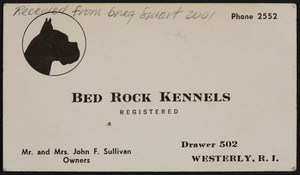 Business card for Bed Rock Kennels, drawer 502, Westerly, Rhode Island, undated