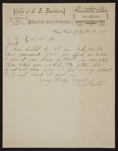 Letterhead for J.S. Benton, marble and granite, Cherry Creek, New York, dated December 20, 1889