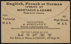 Envelope for Montague & Adams, boy's clothing, 215 High Street, location unkown, undated