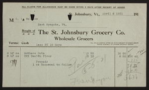 Billhead for The Saint Johnsbury Grocery Co., wholesale grocers, Saint Johnsbury, Vermont, dated April 6, 1921