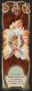 Bookmark for the Mason & Hamlin Co., pianos, organs, 4-6 Arcade, Brockton, Mass., undated