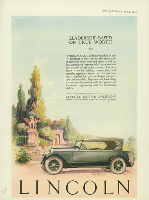 Advertisement, leadership based on true worth, Lincoln, Lincoln Motor Company, a division of Ford Motor Company, Detroit, Michigan