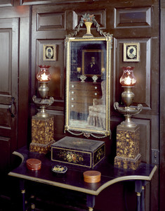 View of Strawberry Hill Room showing lamps, mirror and reflection of furniture, Beauport, Sleeper-McCann House, Gloucester, Mass.