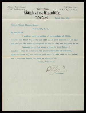 Charles H. Stout/National Bank of the Republic to Thomas Lincoln Casey, March 1, 1894 (2)