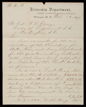 [Albert] G. Porter to Thomas Lincoln Casey, February 13, 1879