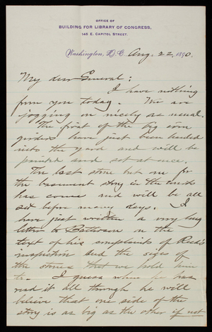 [Bernard R.] Green to Thomas Lincoln Casey, August 22, 1890