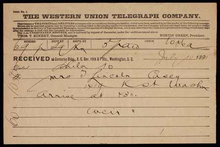 John Weir to Emma Weir Casey, July 10, 1891, telegram