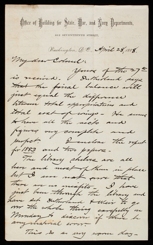 Bernard R. Green to Thomas Lincoln Casey, April 28, 1888