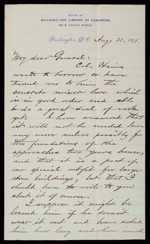 Bernard R. Green to Thomas Lincoln Casey, August 21, 1891