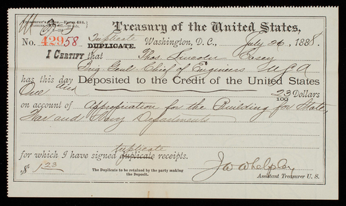 Certificate of Deposit, Whelpley to Thomas Lincoln Casey, July 26, 1888