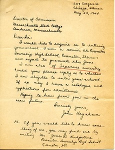 Letter from John Hayakawa to Massachusetts State College
