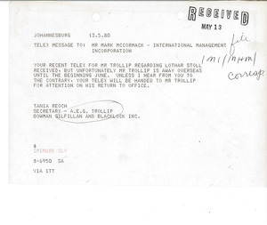 Telex printouts from Tanio Reoch to Mark H. McCormack
