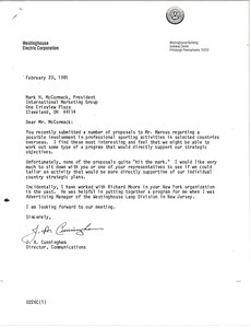 Letter from J. A. Cunningham to Mark H. McCormack