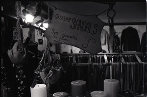 Sign advertising sandles for sale above candle display, the Leather Shed