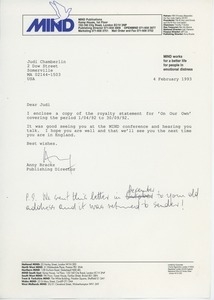 Letter from Anny Brackx to Judi Chamberlin