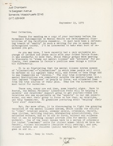 Letter from Judi Chamberlin to Catherine Kennedy-Jones
