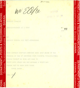 Telegram from Carol and Lawrence A. Hautz to Shirley Graham Du Bois