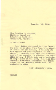 Letter from W. E. B. Du Bois to Pauline S. Puryear