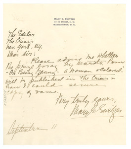 Letter from Mary E. Switzer to Editor of the Crisis