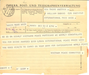Telegram from Vietnam Peace Committee to W. E. B. Du Bois